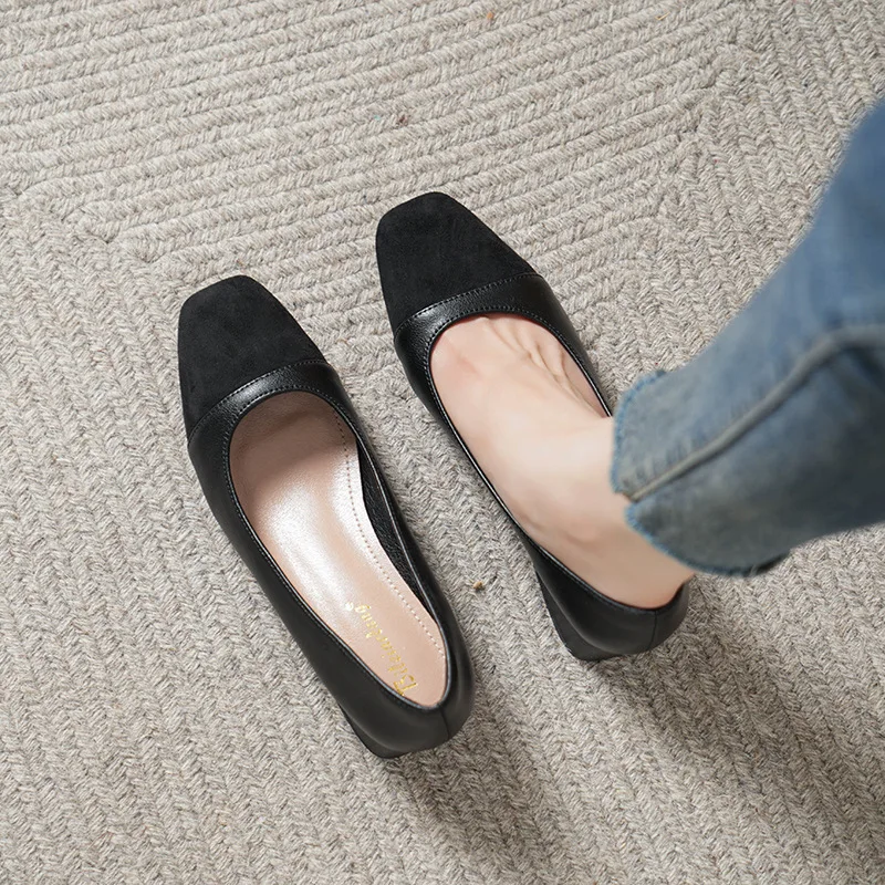 Women's Heels Single Shoes Elegant Square Toe Thick Heels Zapatos Mujer Fashion Color Blocking Shallow-Mouth Office Work Shoes