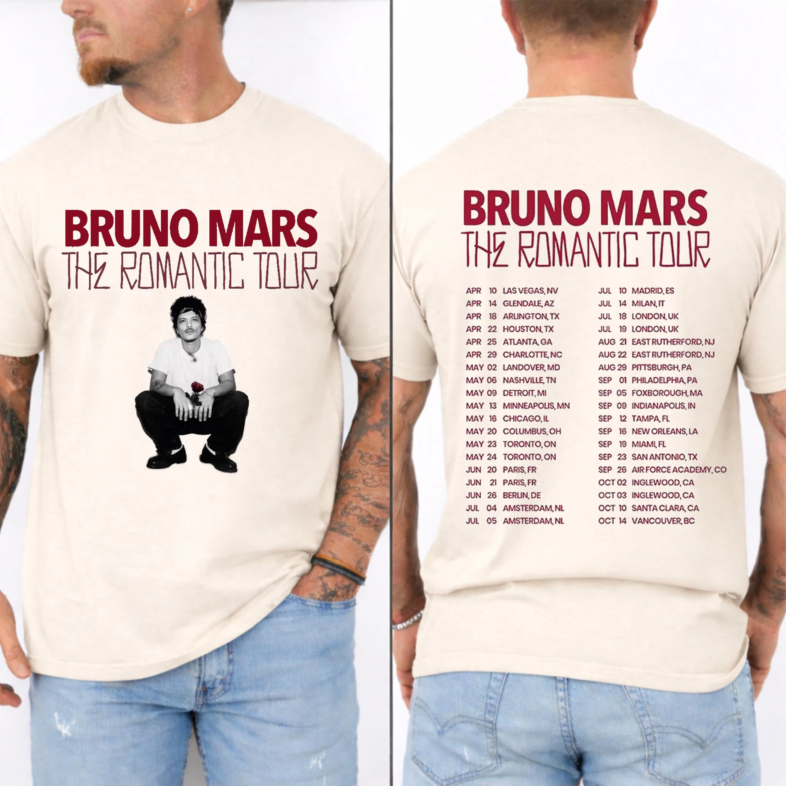 Bruno Mars 2026 Romantic Tour Shirt Concert Tour Date Cotton T-shirt Fans Gift Summer Casual Men's Women's Y2k Style Sportshirt