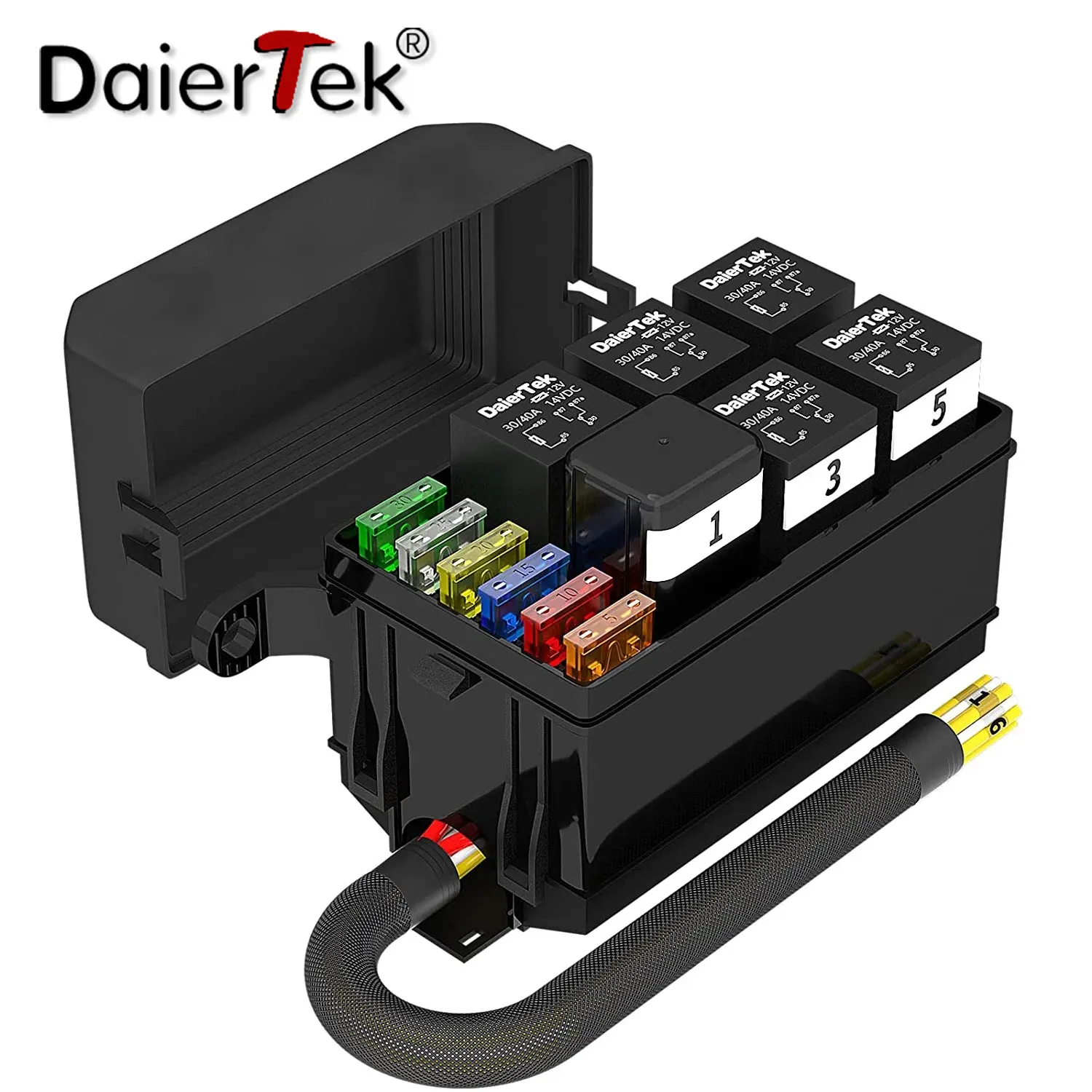 DaierTek 12V Fuse and Relay Box Holder 6 Slots Automotive Universal Relay Box 4 Pin 12V 40A Relay and Wiring Harness For Car