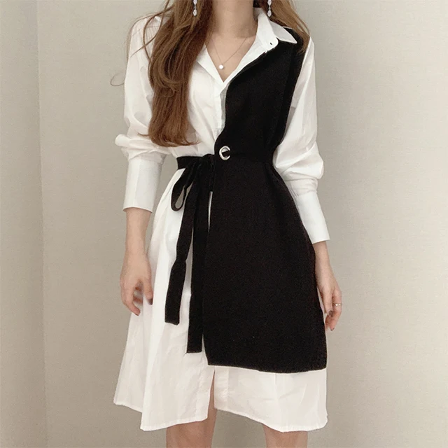 Coreano Sle Patchwork irt Dr mujer Regular Fit primavera Otoño Invierno Dr Casual ropa de calle al aire libre leva fecha