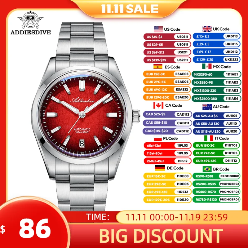 

ADDIESDIVE 8215 Automatic Men Mechanical Watch 39mm Gradient Diving 100m Waterproof 316L Stainless Steel Domed Glass Luminous