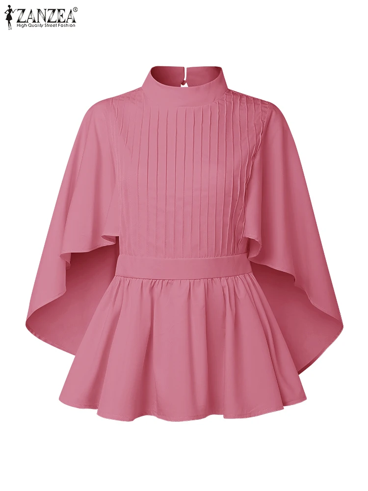 ZANZEA Fashion Blouse Women 3/4 Sleeve Ruffled Tops 2025 Autumn Stand Collar Pleated Elegant Office Lady Shirts Korean Solid Top