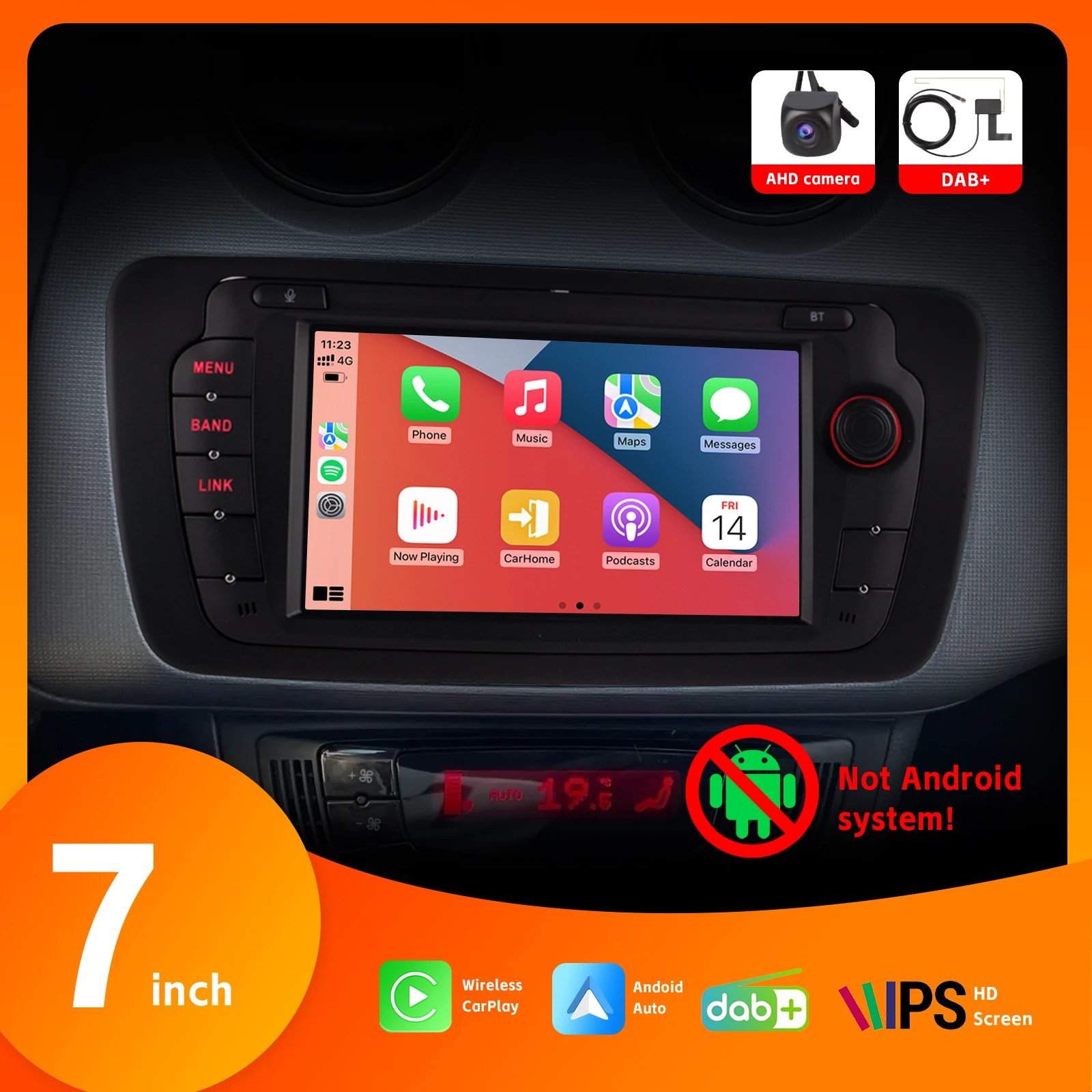 

7" Car Radio with Wireless Carplay Android Auto SWC for Seat Ibiza 2009-2013 with IPS Touch Screen DSP DAB+ AHD Rear View Camera