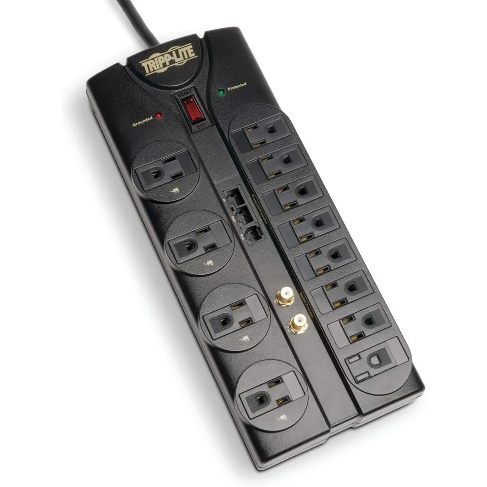 

12 Outlet Surge Protector Power Strip, 8ft Cord, Right-Angle Plug, Tel/Modem/Coax/Ethernet Protection,