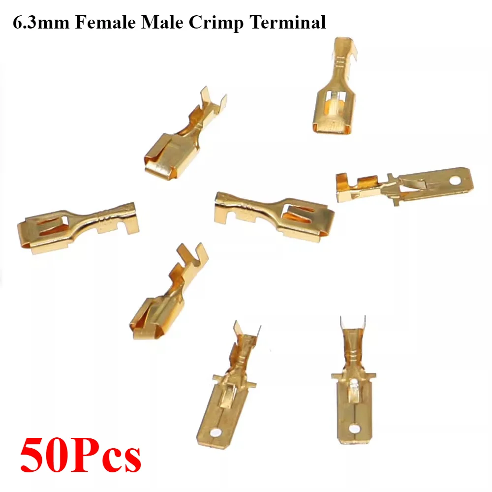 50pcs 6.3mm Gold-plated Copper Male Female Crimp Terminal Automotive Wire Connector Spade Type Quick Disconnect Terminal