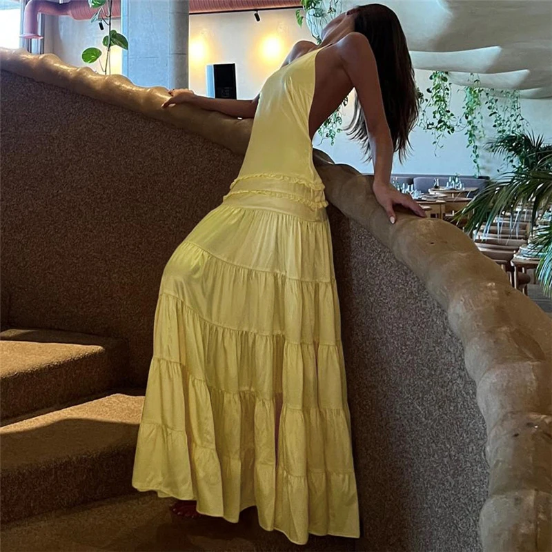 Boho Style Pure Ruffle Pleated Maxi Dress for Women Sexy Halter Backless Hollow Long Dress Summer Casual Loose Sling Party Dress