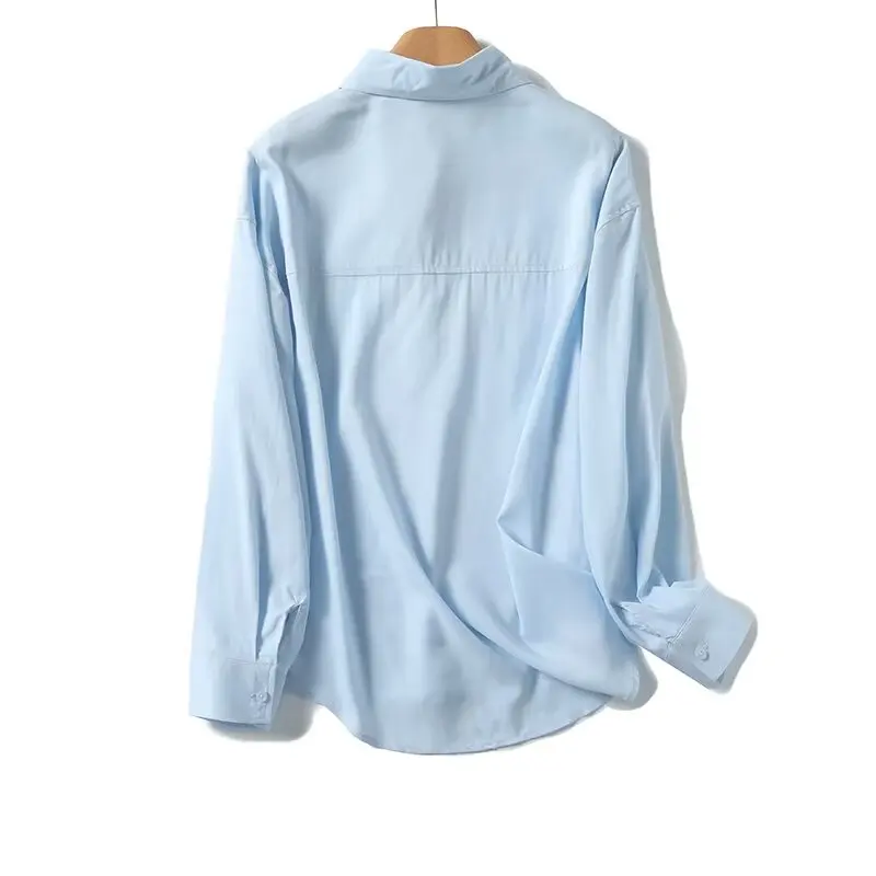 Maxdutti Fashion Commuter Casual Light Blue Chiffon Shirt Women Elegant Cotton Linen Shirt Minimalist Tops Casual Blouse