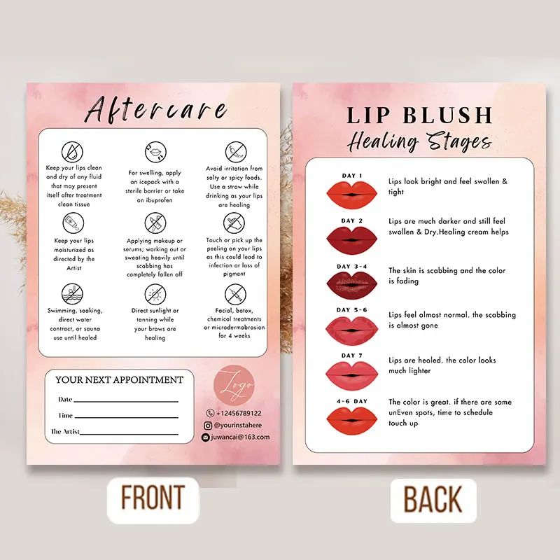Tarjeta PMU de cuidado posterior, instrucciones, rubor labial, proceso de curación de tatuajes, tarjeta de cuidado de negocios de belleza pequeña,