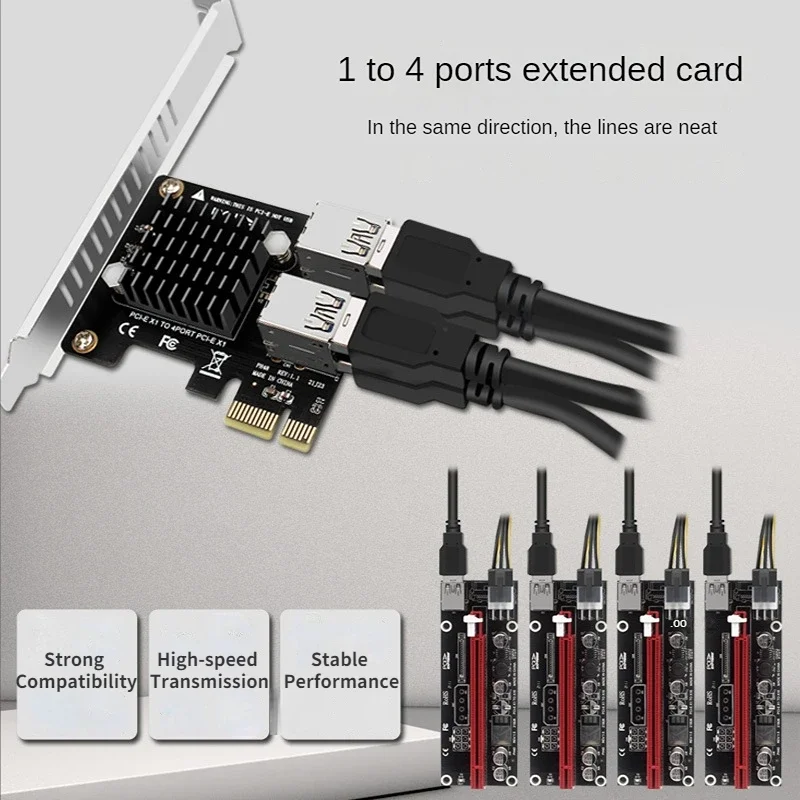 Desktop PCIe To PCI-E X1 4 Ports 1X USB 3.0 Extended Card 1 To 4 Graphics Card Expansion Riser ASM1184E Full Height Half Height
