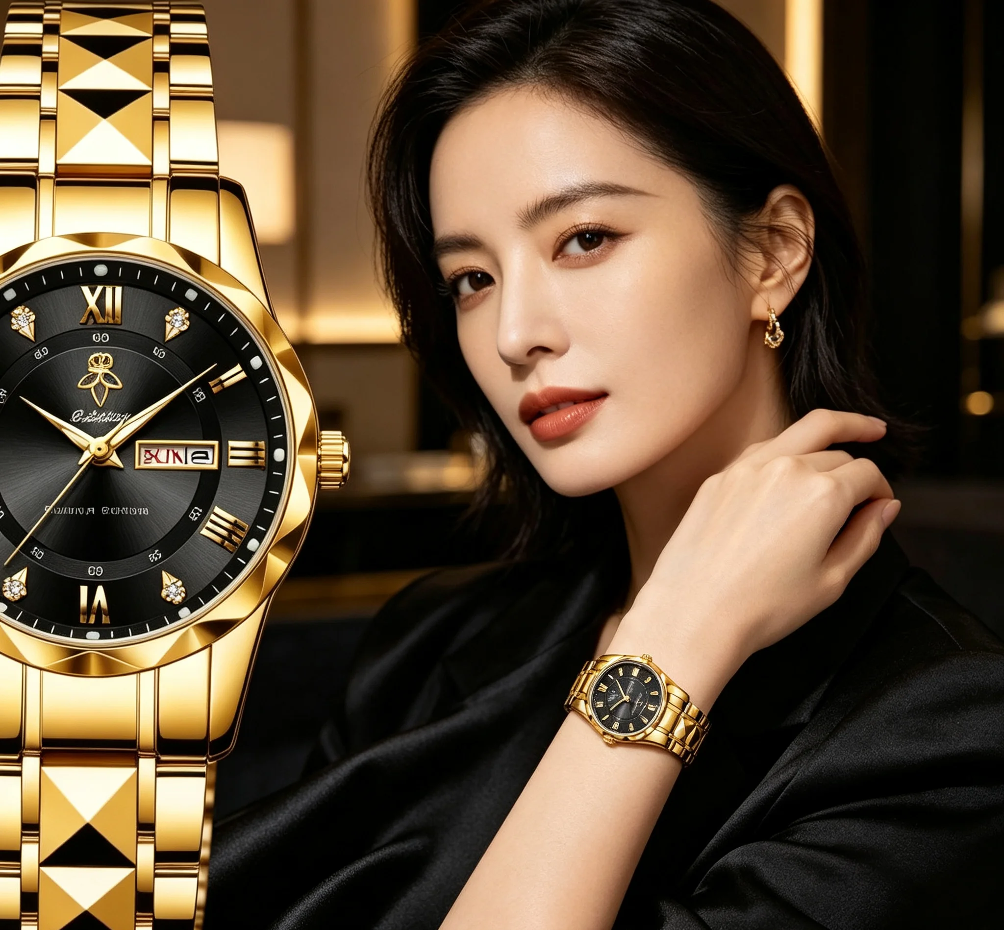 YaLaLuSi Full Gold Women Watch Black  Dial Roman Crystal Wristwatch Luminous Day Date  Ladies Quartz Waterproof Watch