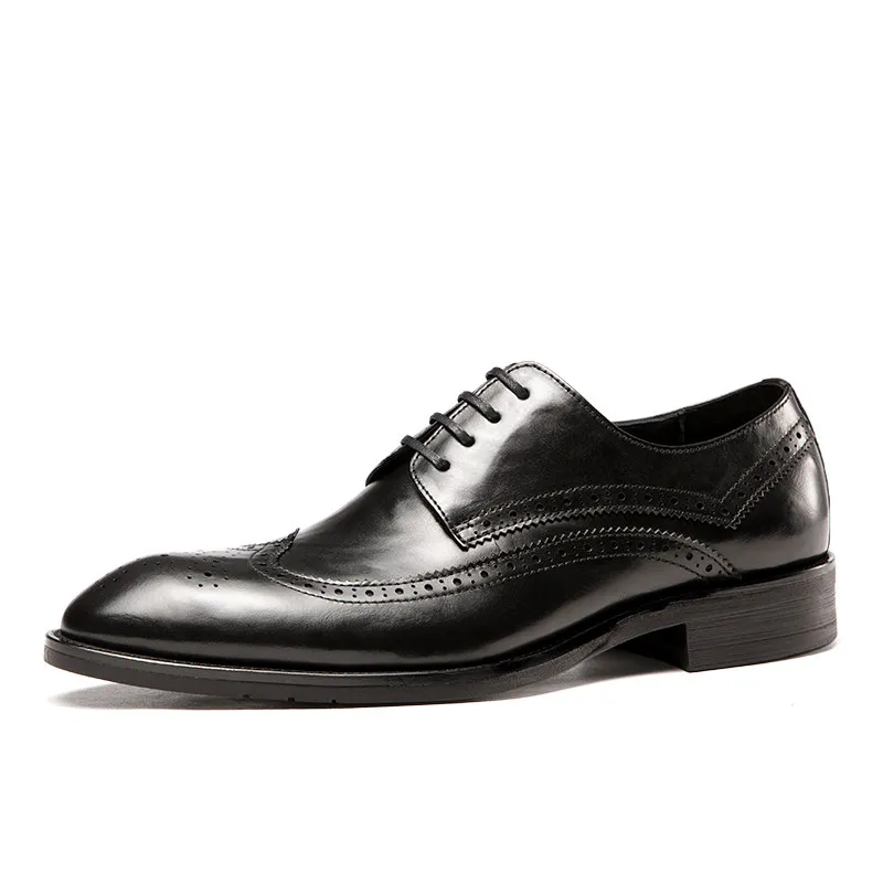 Men's Dress Shoes New Brock Engraved Wedding Derby Shoes Genuine Leather Business Breathable Comfortable Height Increasing Shoes