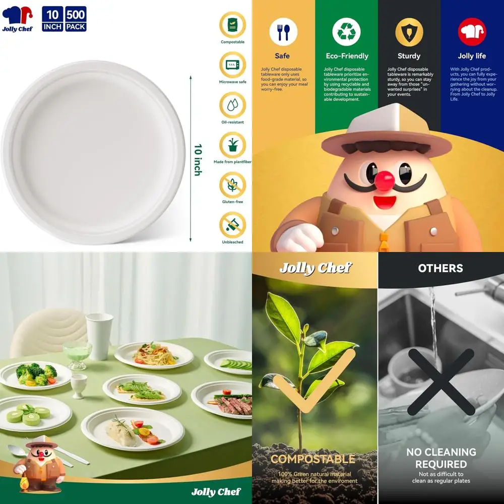 

Экологичные прочные компостируемые тарелки, 10 дюймов, 500 штук, белые, без покрытия, из багассы (сахарного тростника), биоразлагаемые.