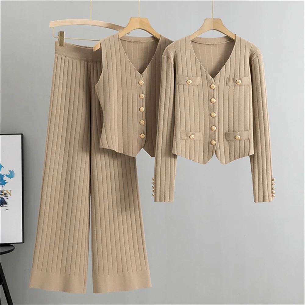 Autumn Pit-Stripe Knitted Sweater 3 Piece Sets Women Winter Luxury Metal Buttons Knitted Cardigan +Vest+Wide Leg Pants Sets