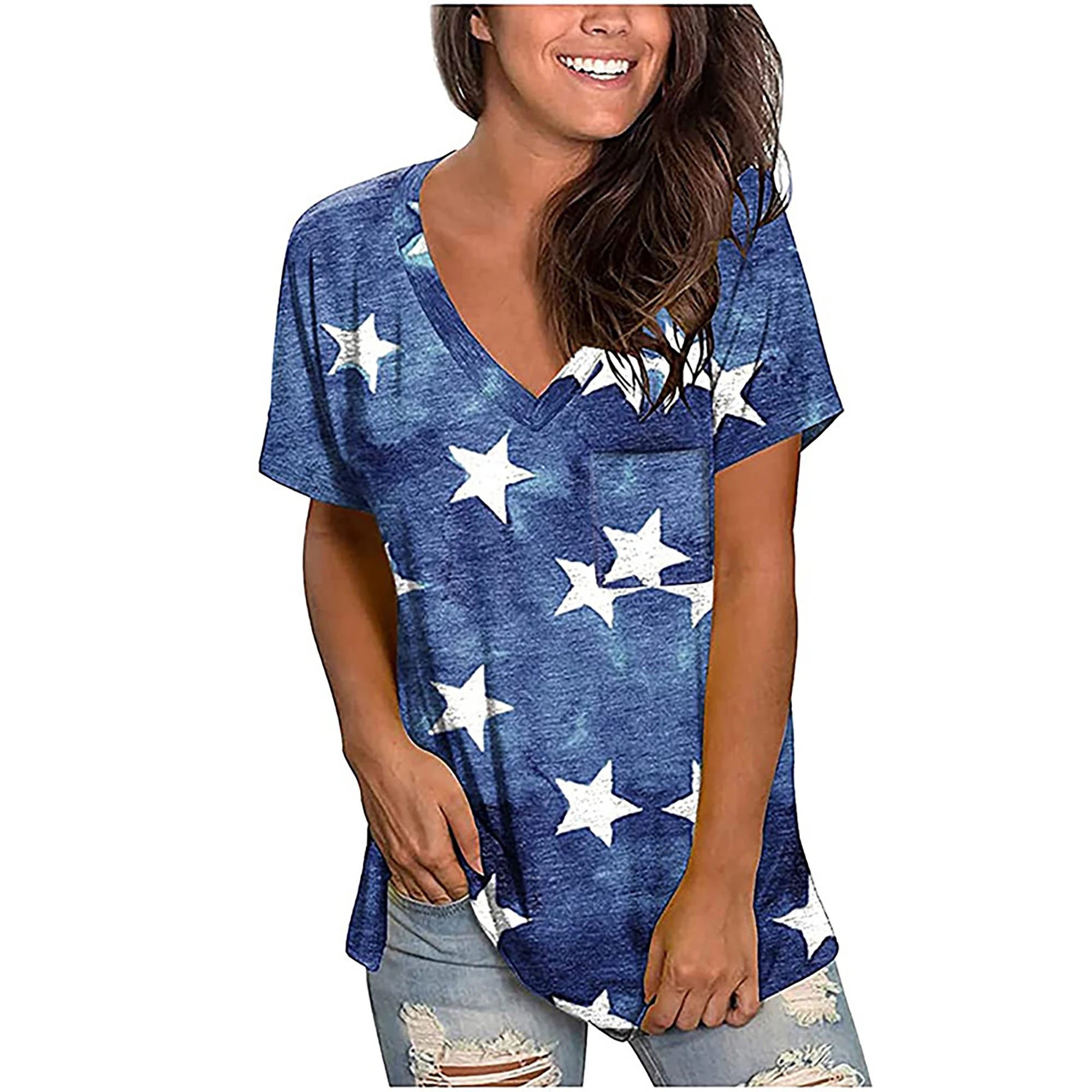 2024 Europe and the United States spring summer Independence Day new women\'s top flag print V-neck short-sleeved loose T-shirt w