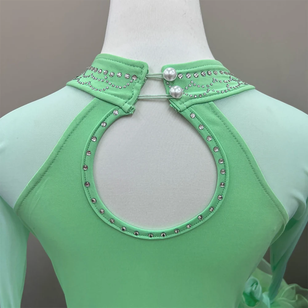 女性用レッドワルツ社交練習ドレス、ストラップ付きアップルグリーンモダンダンス長袖競技用ラインストーン付き新作ドレス