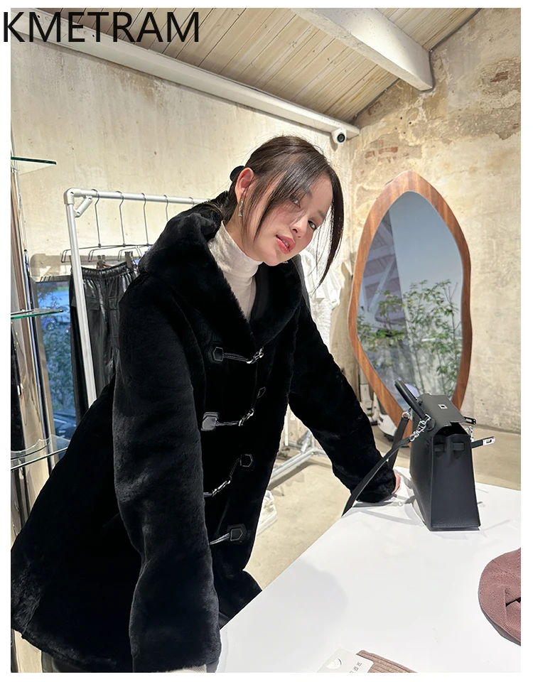 내추럴 메리노 울 양털 양면 퍼 재킷 여성 중간 길이 리얼 퍼 코트 후드 겨울옷 2025 퍼리 재킷