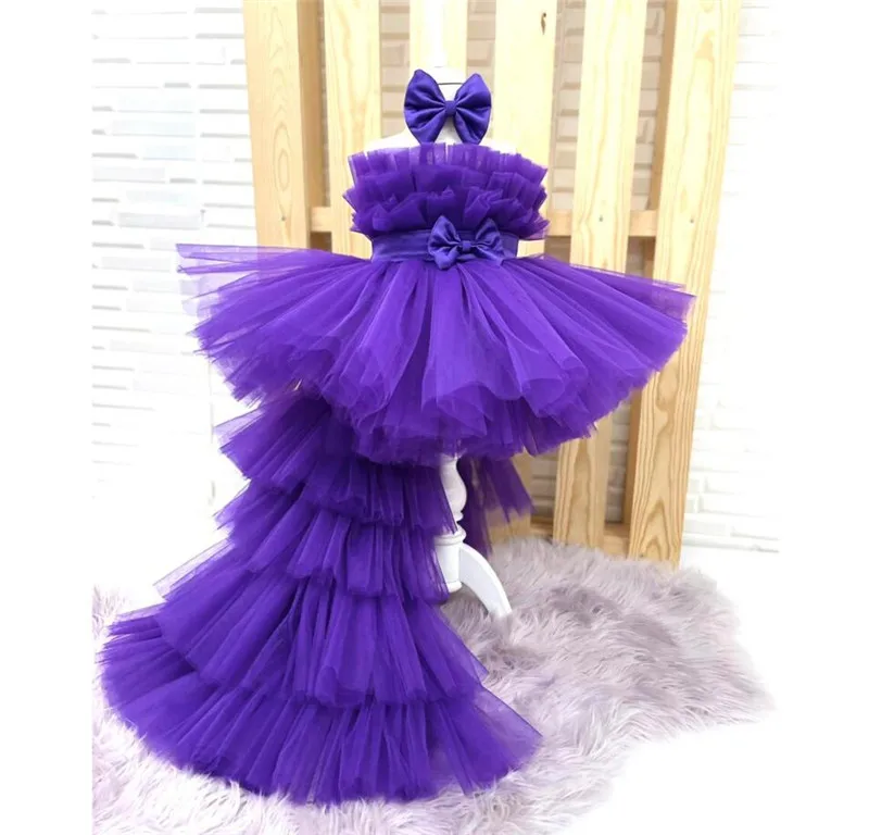 

New Customized Flower Girl Dress High Low Puffy Princess Birthday Party Gown Pageant Gown Kid First Communion Dress Long Tail