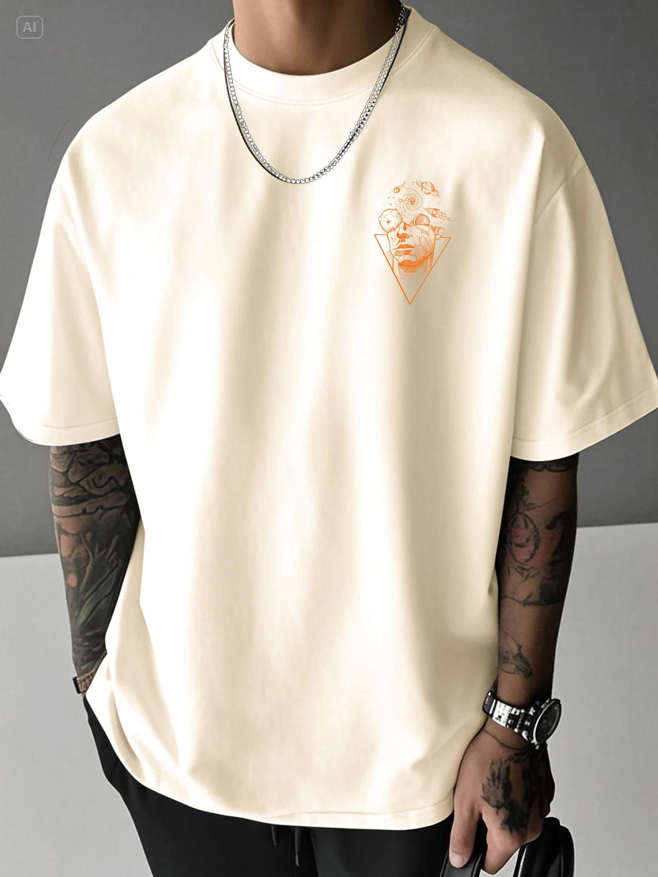 Men's Summer 100% Pure Cotton Casual Loose Creative Pattern Front and Back Printed Sports Round Neck Short Sleeved T-Shirt Top
