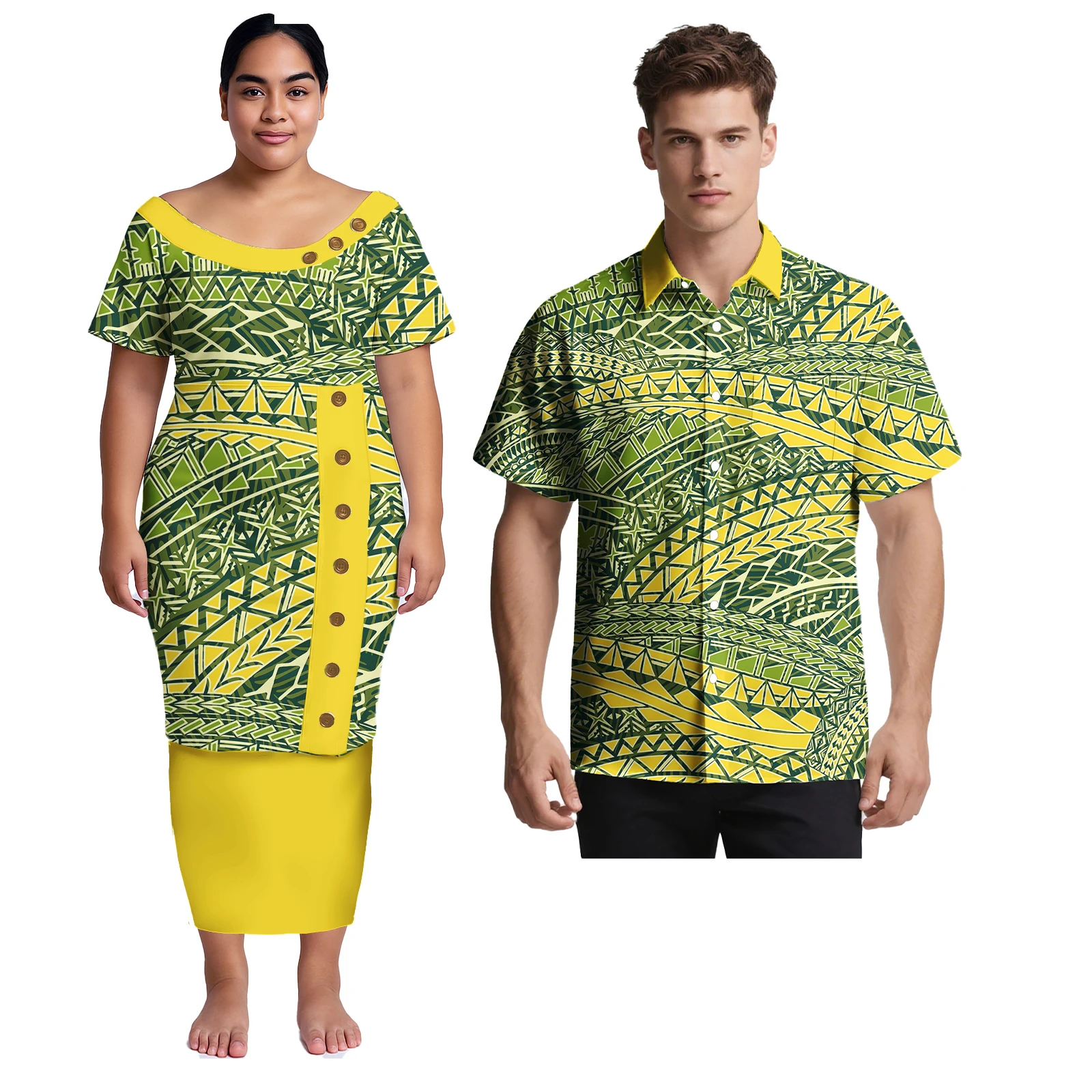 Coppia di vestiti Isand Style Design Samoano Taglie forti Aloha Camicia da uomo abbinata al vestito puletasi hawaiano femminile