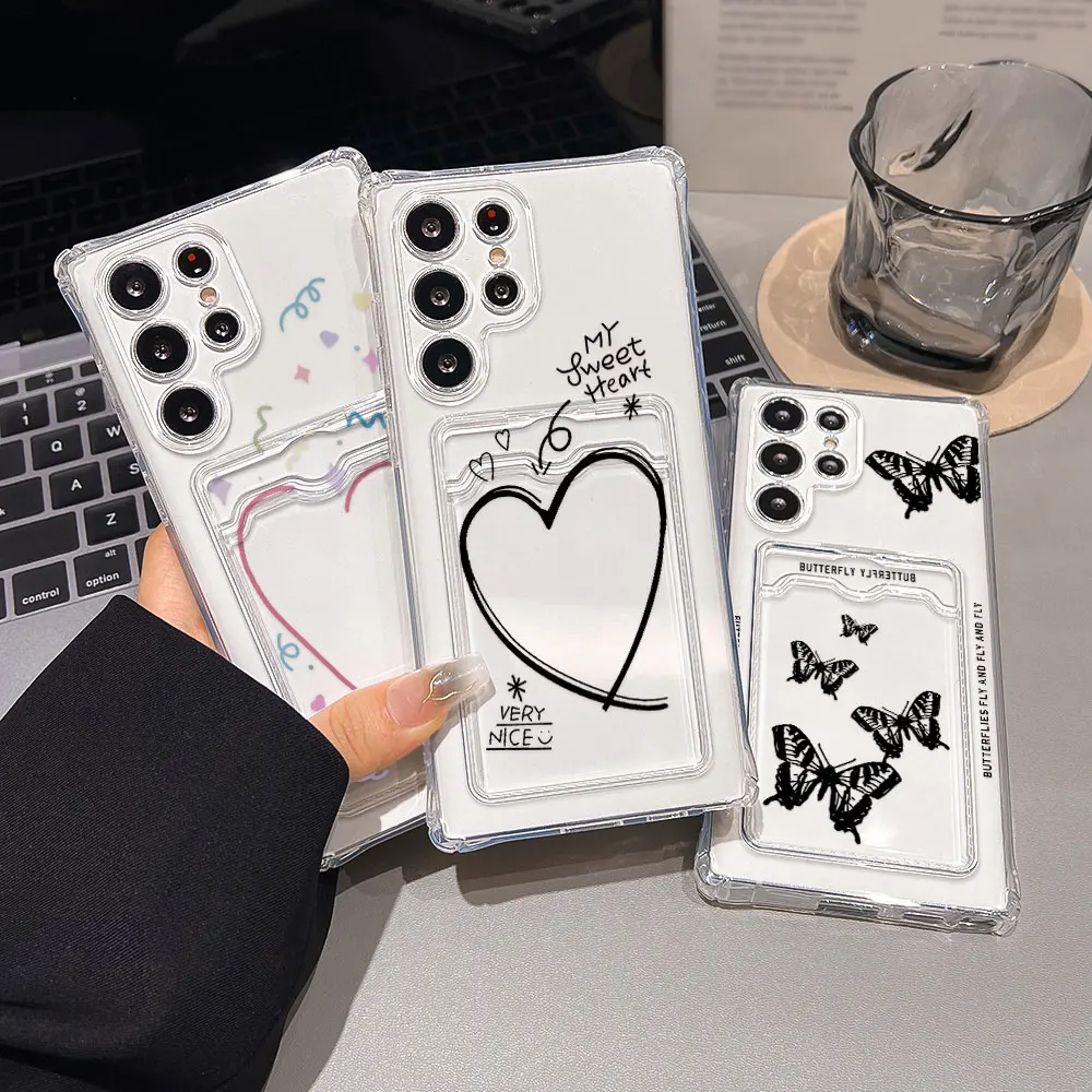 

Card Holder Case For Samsung S24 Ultra A06 A05s A05 S23 Plus S22 S21 S20 FE Love Heart Soft Silicone Cover
