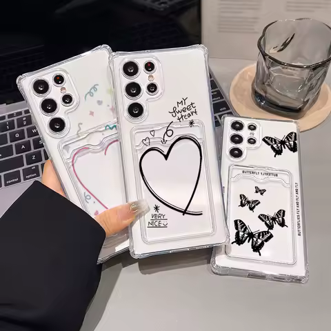 Card Holder Case For Samsung S24 Ultra A06 A05s A05 S23 Plus S22 S21 S20 FE Love Heart Soft Silicone Cover
