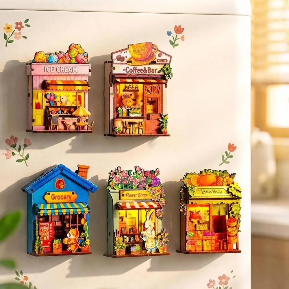 Creative Gifts DIY Wooden Mini House Animals Shop with Light Fridge Magnet DIY Home Decor DIY Handcraft 3D Puzzle Model Kit