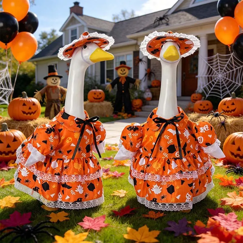 Halloween Costume Outfit for 23 Inch Lawn Goose Statue Ghost Bat Spider Printed Dress Decor Clothing Set Statue Not Included