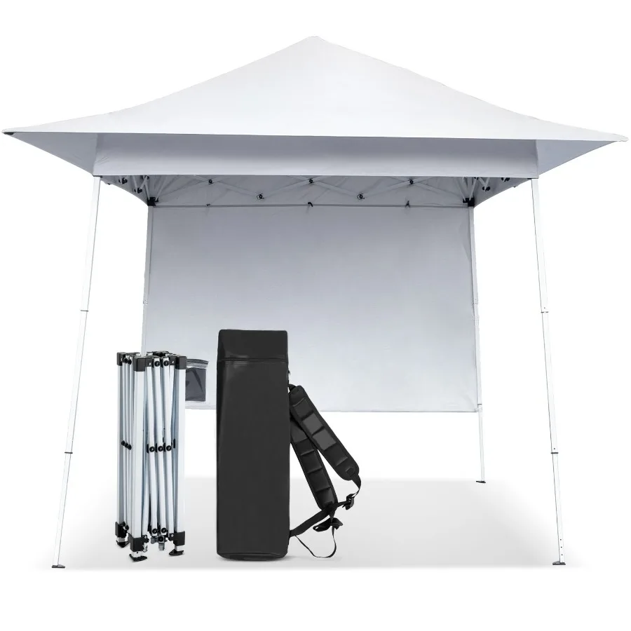 

8x8 FT White Slant Leg Pop Up Canopy Tent with One Sidewall and Extended Eaves 210D Oxford Fabric White Powder Coated Steel Fra