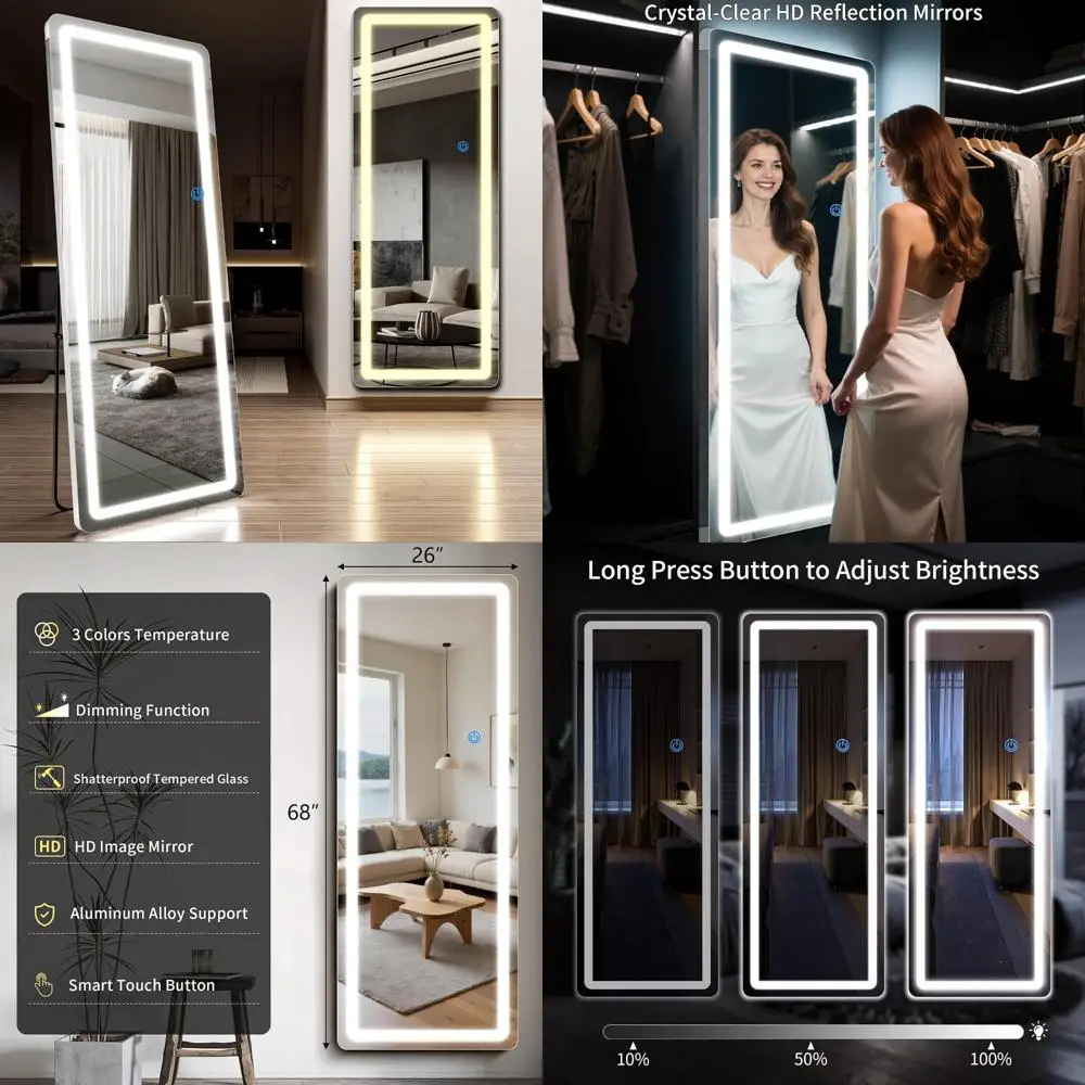 Espejo de piso de longitud completa 68x26 con esquinas redondeadas, iluminación regulable de 3 colores, visualización de cuerpo completo, espejo de pie
