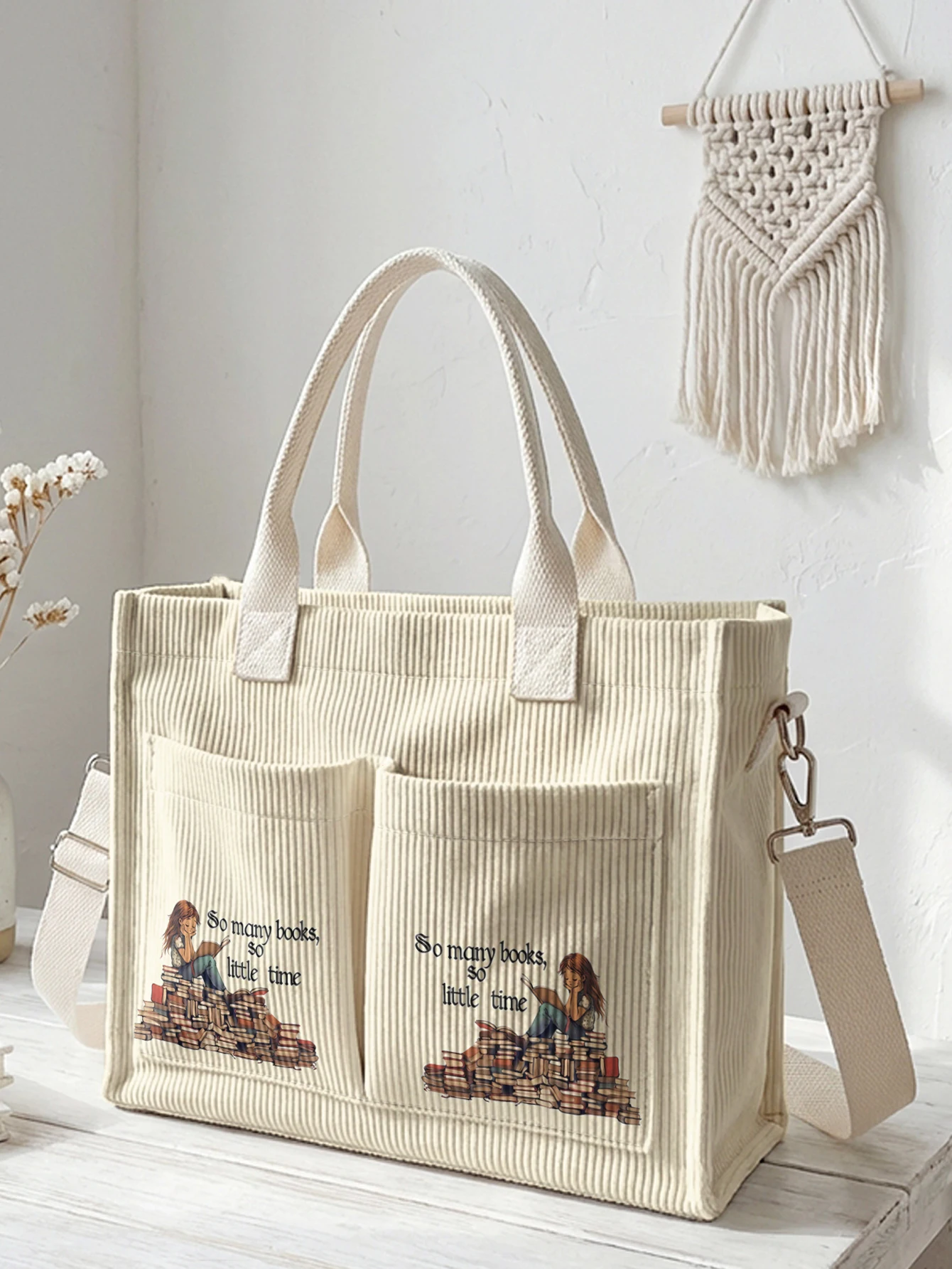 

"So Many Books So Little Time" Reading Girl Print Corduroy Tote Bag Large Capacity Multi Pocket Book Lover Shoulder Bag