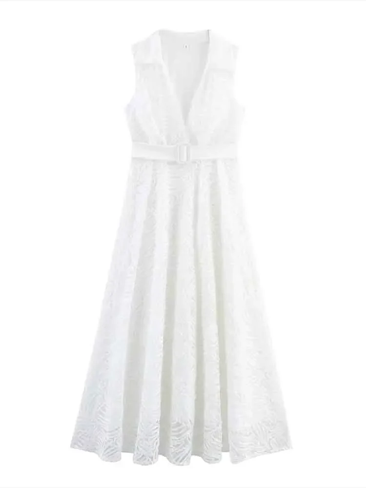 

European style new women's fashion versatile temperament solid color texture lapel sleeveless dress