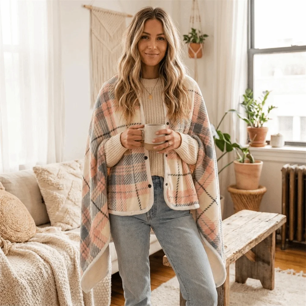 Flannel Material Wearable Blanket Plaid Pattern Soft Texture Throw Blanket Warm Fabric Lightweight Wrap Blanket Winter Season