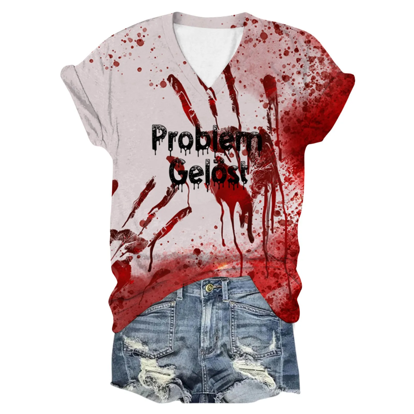 Problem Gelost Blutige Schrift T-Shirt Halloween V-Neck Print Short Sleeve T-Shirt Holiday Party Distressed Bloody T-Shirt