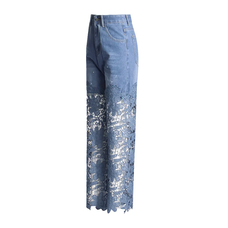 Women High Waist Hollow Straight Jeans 2026 New Niche Spliced Lace Design Fashion Temperament Versatile Commuter Denim Pants