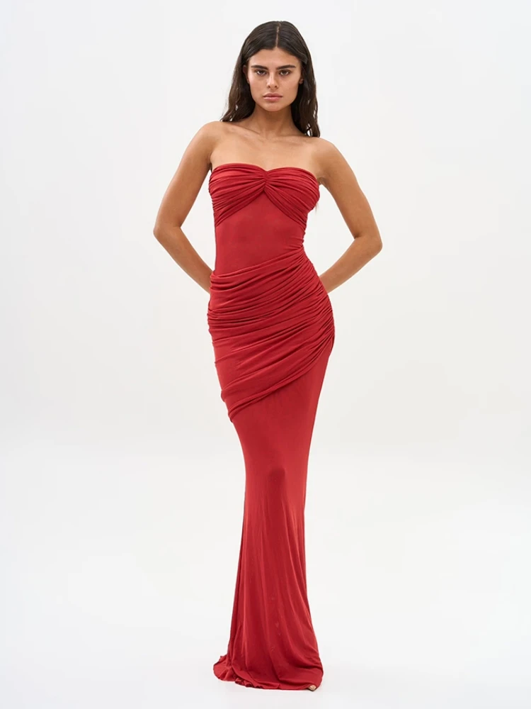 Sexy Strapless Sheer Mesh Folds Design Long Dress Women Red Mesh Sleeveless Backless Ruched Slim Dresses Evening Party Cocktail