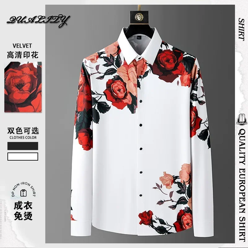 

2024 Spring Flower Shirts Men Long Sleeve Casual Shirts Seamless Elastic Business Formal Dress Shirts Social Party Tuxedo Blouse