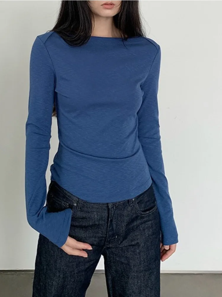 LIinar Retro Slimming Off-the-Shoulder Long-Sleeve T-Shirt for Women Fall Style Figure-Flattering Stretchy Base Layer Knit Top