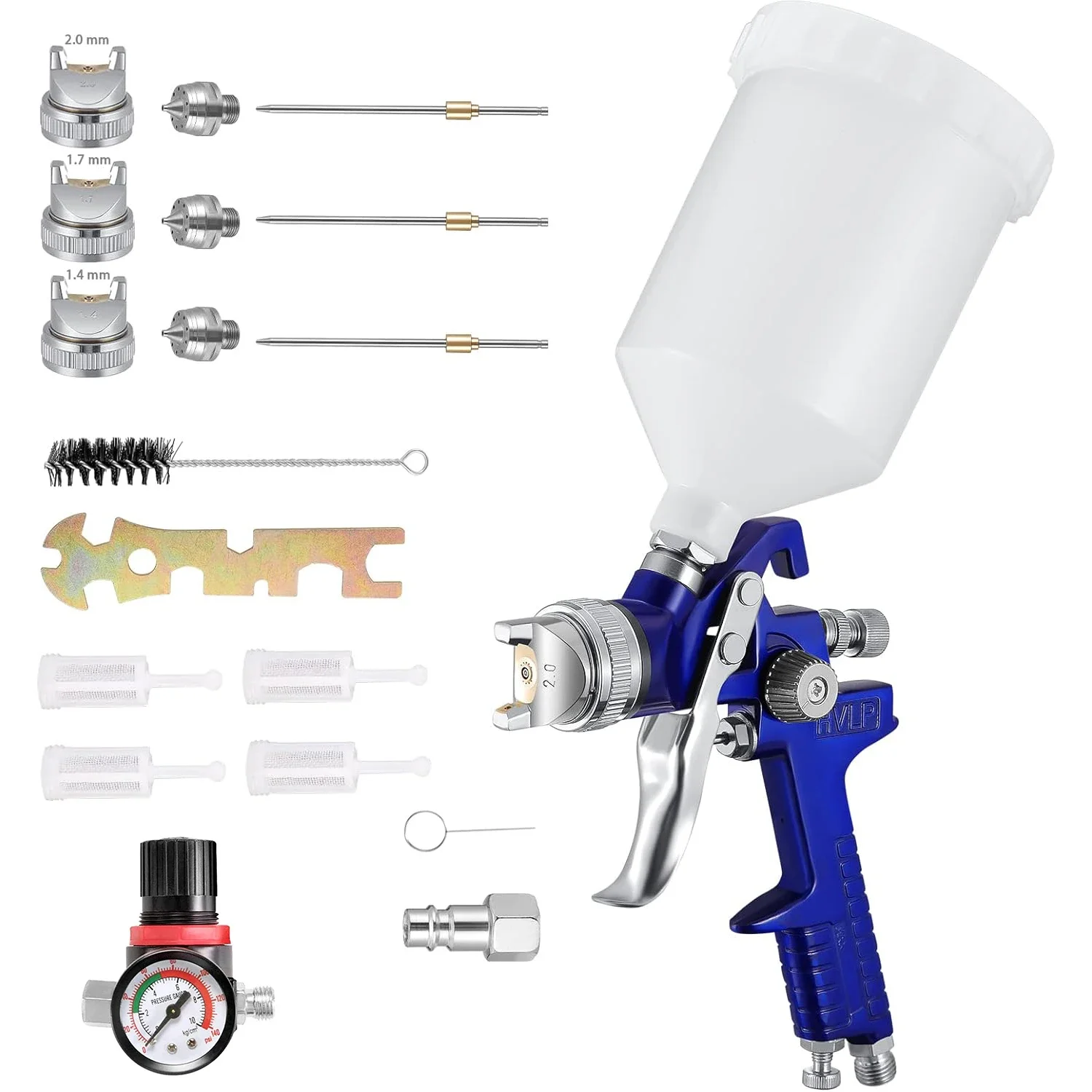 Pistolet de peinture HVLP avec régulateur de pression d'air et valve de contrôle du débit, gobelet en plastique de 600 ml, 3 buses pour peinture murale, automobile et artistique