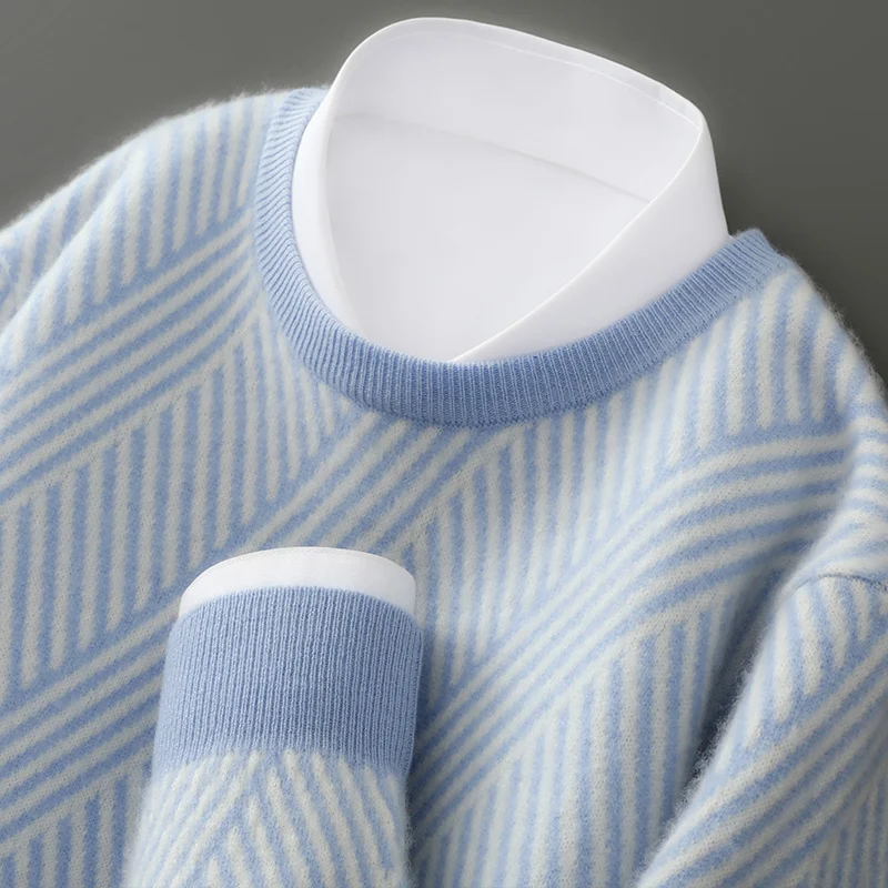 100% Pure Wool Men's Round Neck Long Sleeve Knit Sweater 2025 Autumn Winter New Color Blocked Stripe Splicing Crew Neck Pullover
