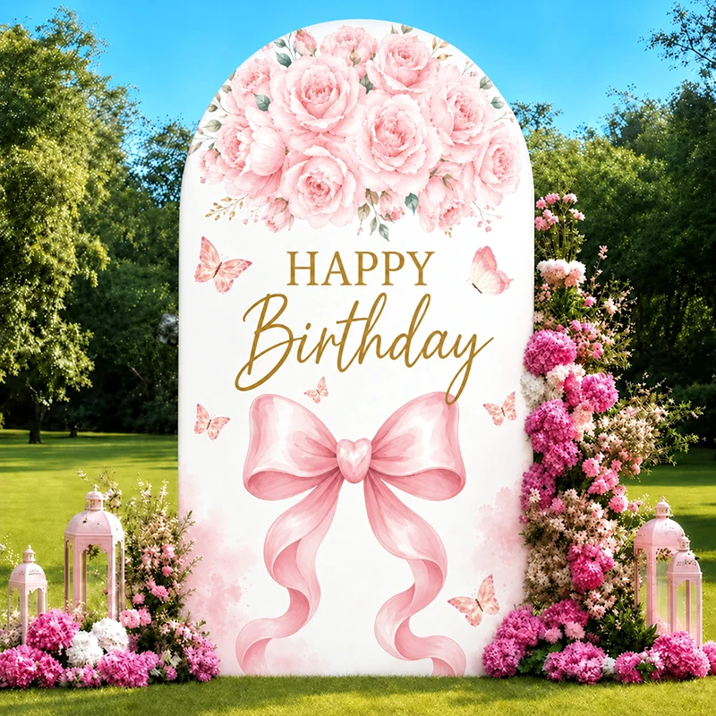 

Pink Rose Happy Birthday Arch Backdrop Cover Butterfly Bow Print Spandex Fabric Girl Birthday Party BabyShower Photo Booth Decor