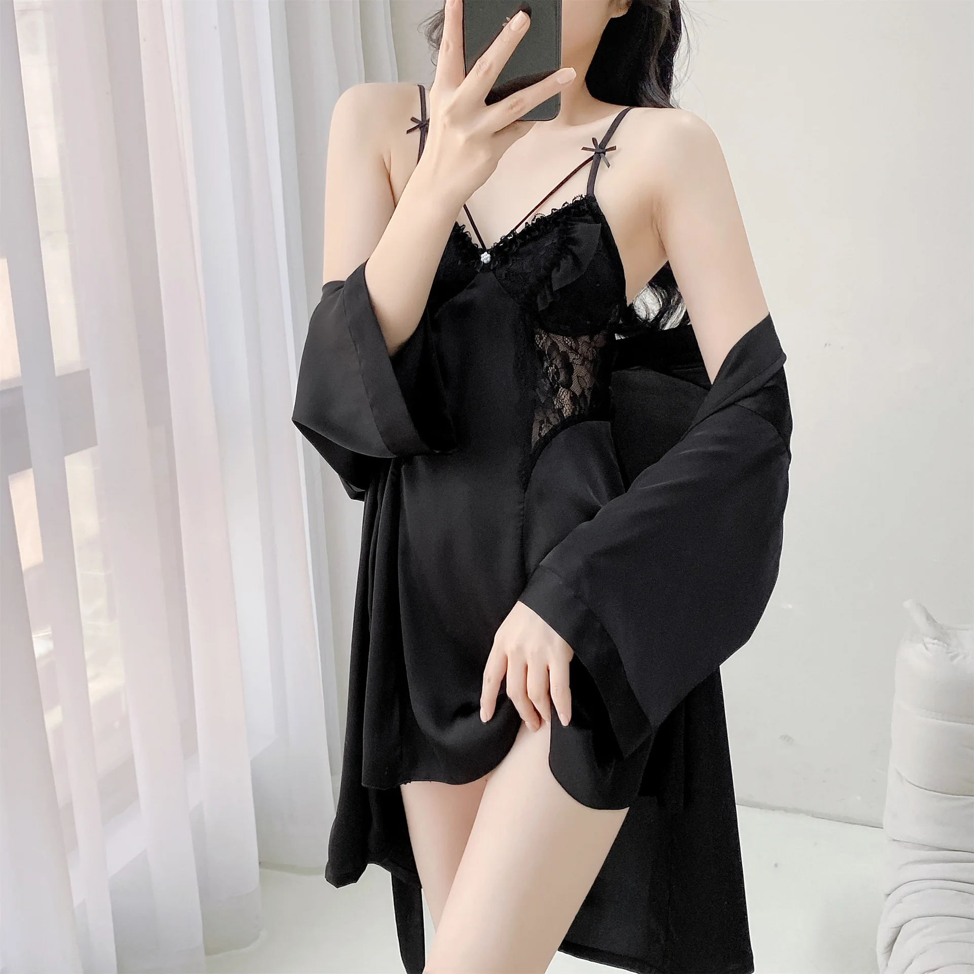 Sexy Women Kimono Bathrobe Gown Sleepwear Pink Patchwork Lace Bride Wedding Robe Nightgown Set Summer Silk Satin Home Dress