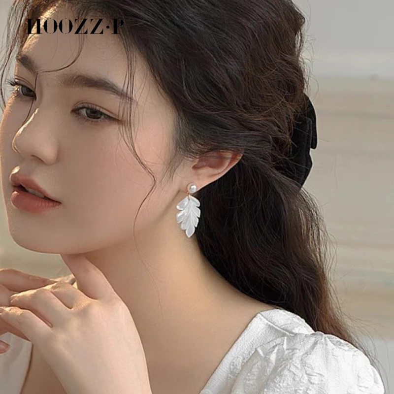HOOZZ.P Natural Freshwater Cultured Pearl Maple Leaf Shaped Silver Needle Earrings Gift for Ladies