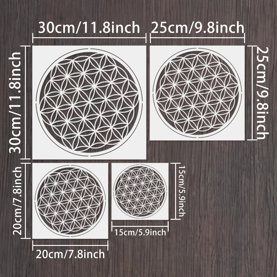 4PCS Flower of Life Stencil Set 11.8inch 9.8inch 7.9inch 5.9inch Mandala Geometry Template for Wall Painting Crafts