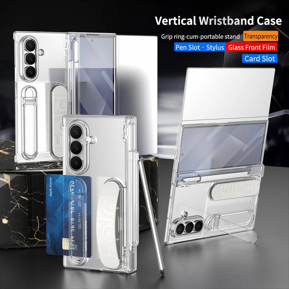 

Wrist Strap Kicktand Holder With Credit Card Slot Folding Case For Samsung Galaxy Z TriFold with Front Glass Protect Cover