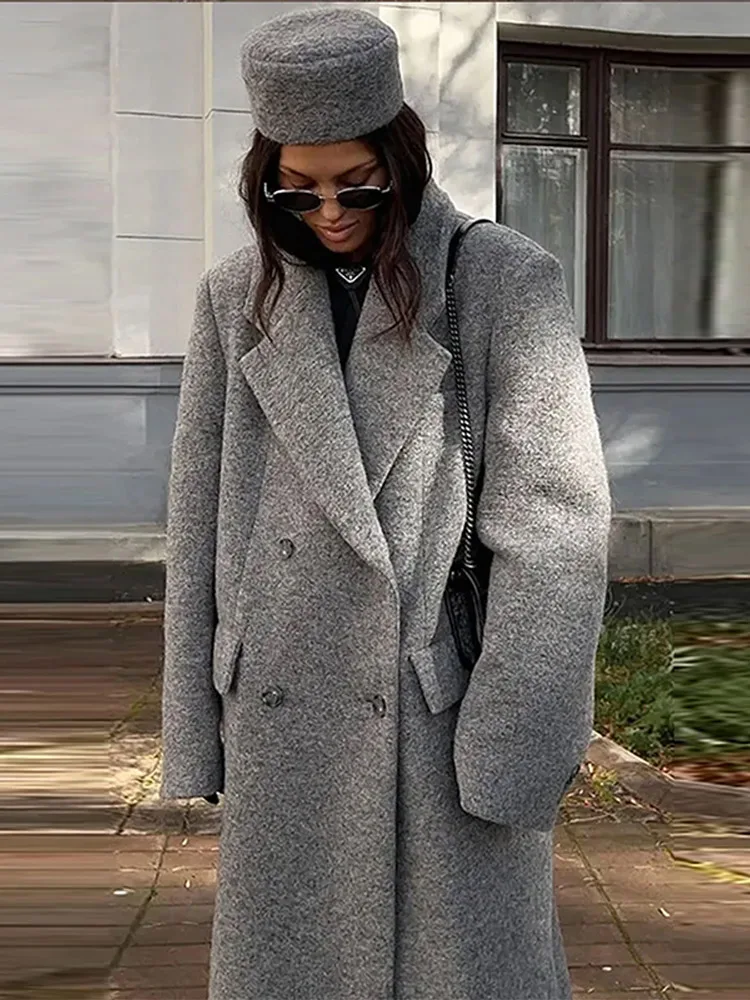 2026 Autumn Winter Grey Wlooen Women Long Coat Casual Full Sleeve Double Breasted Lapel Female Jacket Street Pocket Streetwear
