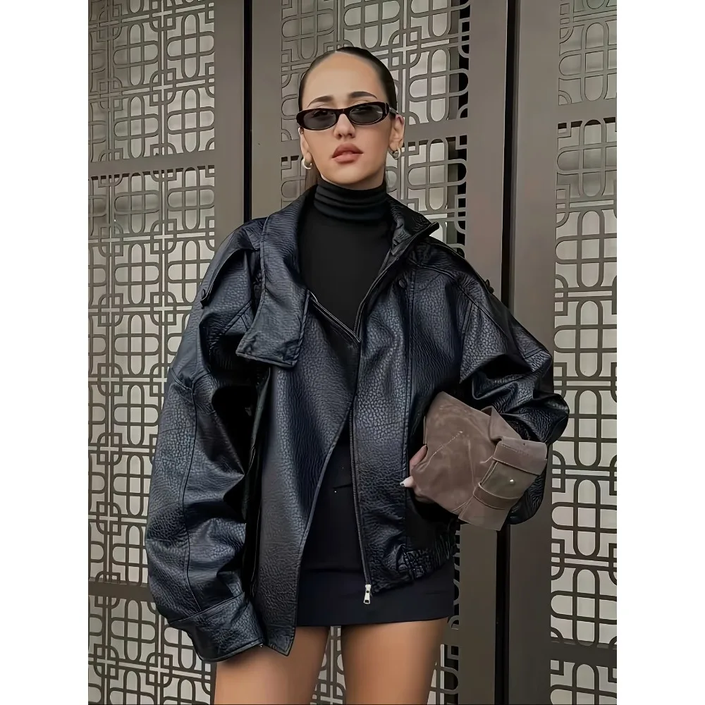 2026 New Women's Jacket Short Loose Motorcycle Style PU LeatherWindproof Autumn Stand Collar Winter Spring Zipper Bicycle Street