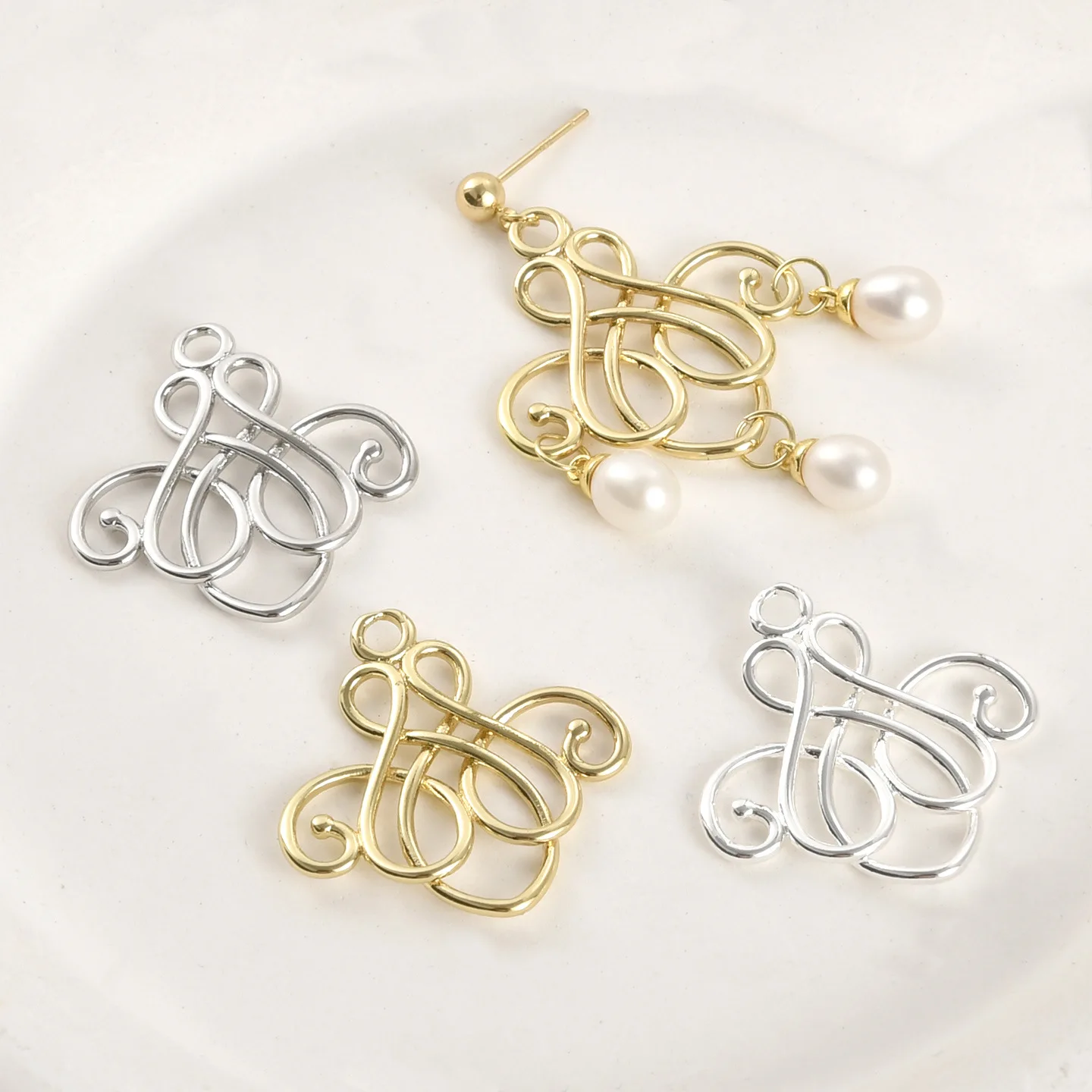 Copper-plated 14k Gold Color Retro Court Style Chinese Knot Pattern Pendant DIY Handmade Ear Jewelry Accessories Material