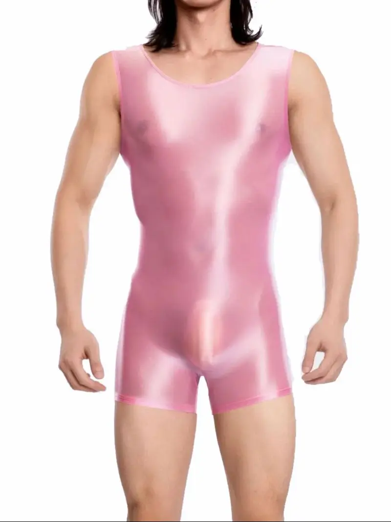 

Men's High Elastic Shaping Wear Bodysuit Sleeveless Playsuit Satin Shiny Glossy Sheer U Bulge Pouch Tights Man Leotard Slimming