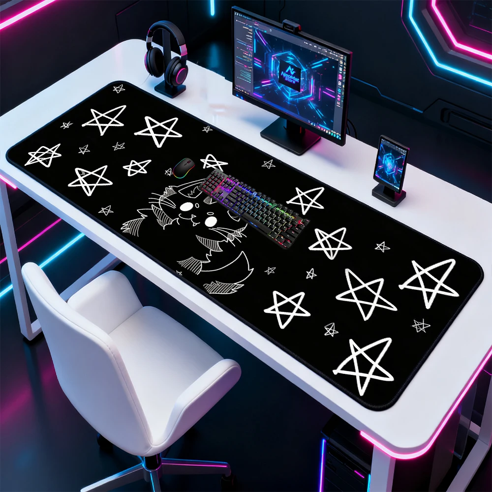 Starry Cute Mouse Pad Big Black White Cat Stars 120x60 Desk Mat Gaming Mat Kawaii Mousepad Computer Accessories