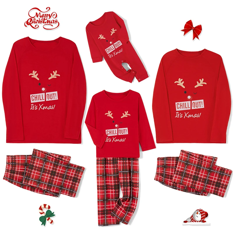 

Christmas Family Matching Pajamas Set with Reindeer Print Tops and Plaid Pants for Cozy Holiday Loungewear and Sleepwear